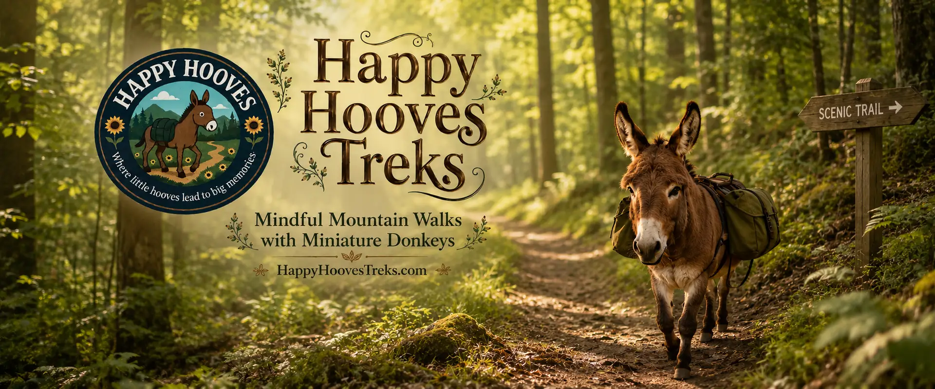 image of a donkey, the logo, and Happy Hooves Treks